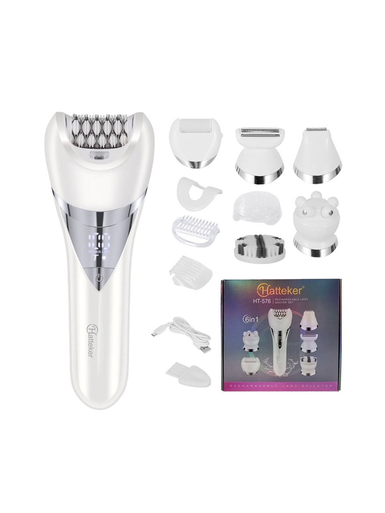 White Painless Electric Hair Removal Epilator by Trendsi, compact design with multiple attachments for smooth skin.