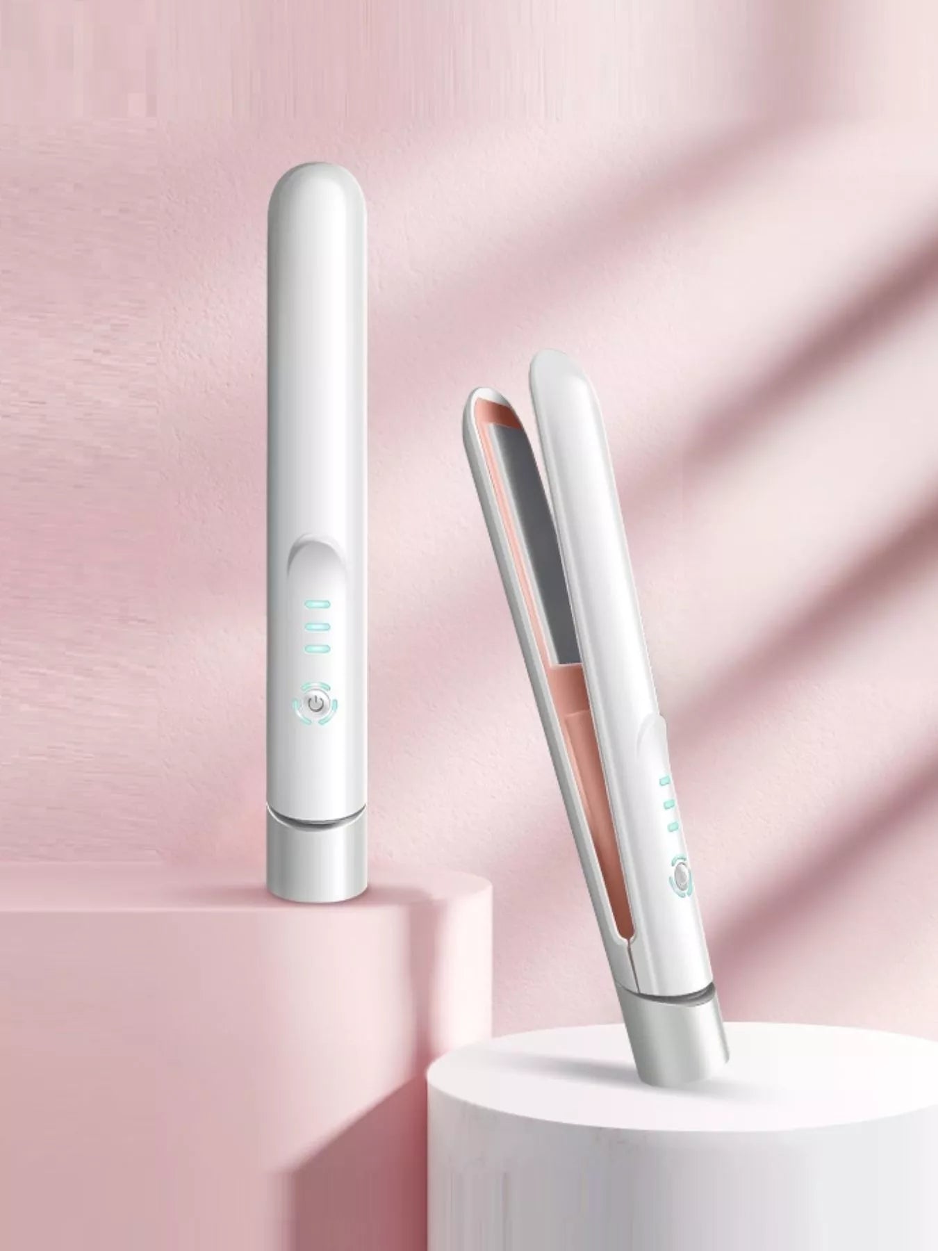 White portable cordless hair straightener by Trendsi, compact design with ceramic plates for quick styling on the go.