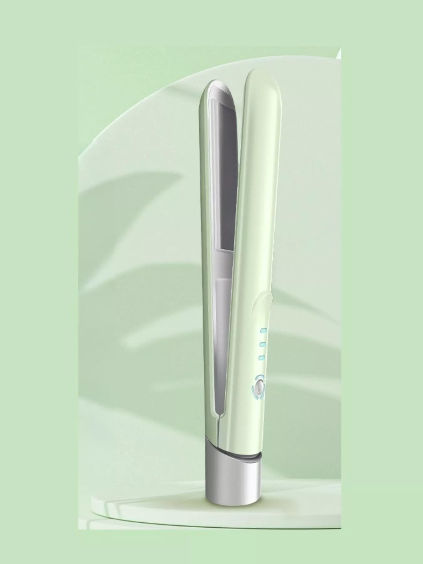 White portable cordless hair straightener from Trendsi, compact design with ceramic plates for quick styling on the go.