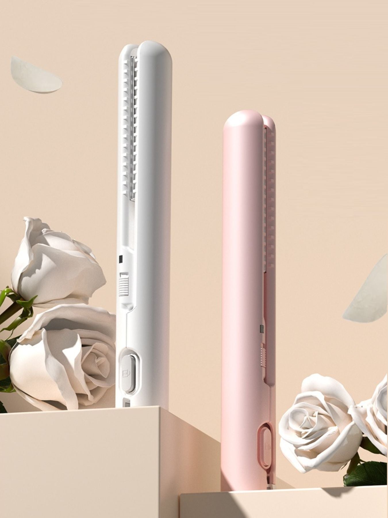 White portable cordless hair straightener from Trendsi, compact design with ceramic plates for quick styling on the go.