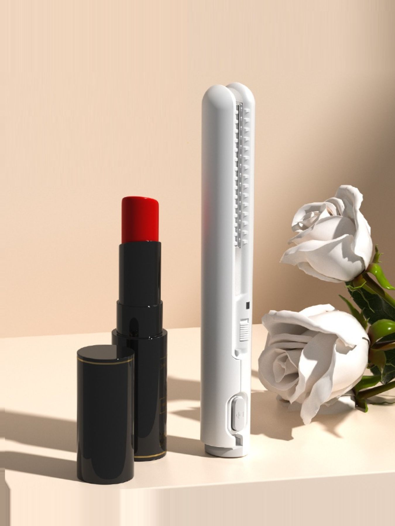 White portable cordless hair straightener by Trendsi with compact design and ergonomic handle for easy styling.