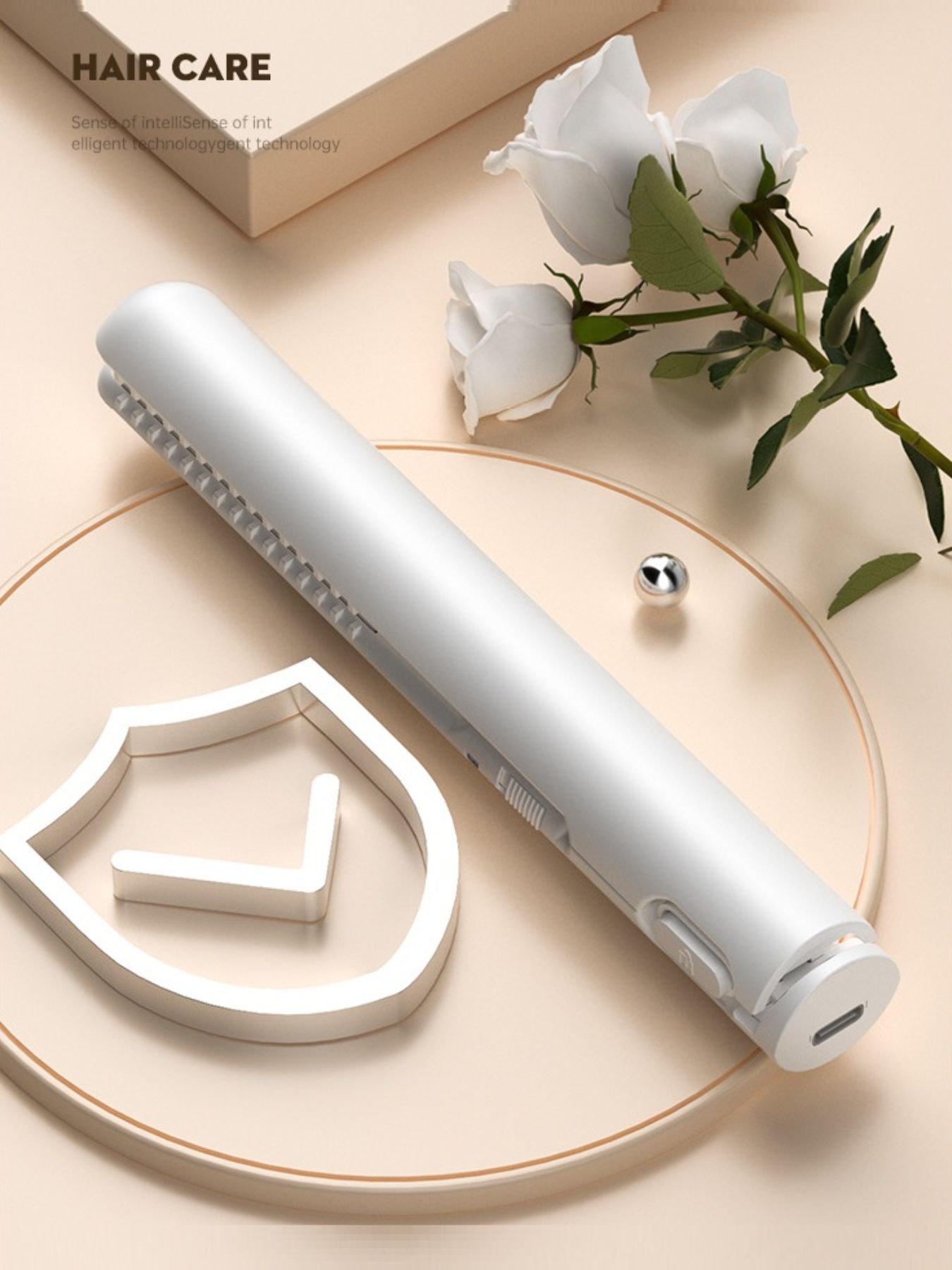 White portable cordless hair straightener by Trendsi, compact design with ceramic plates for quick styling on the go.