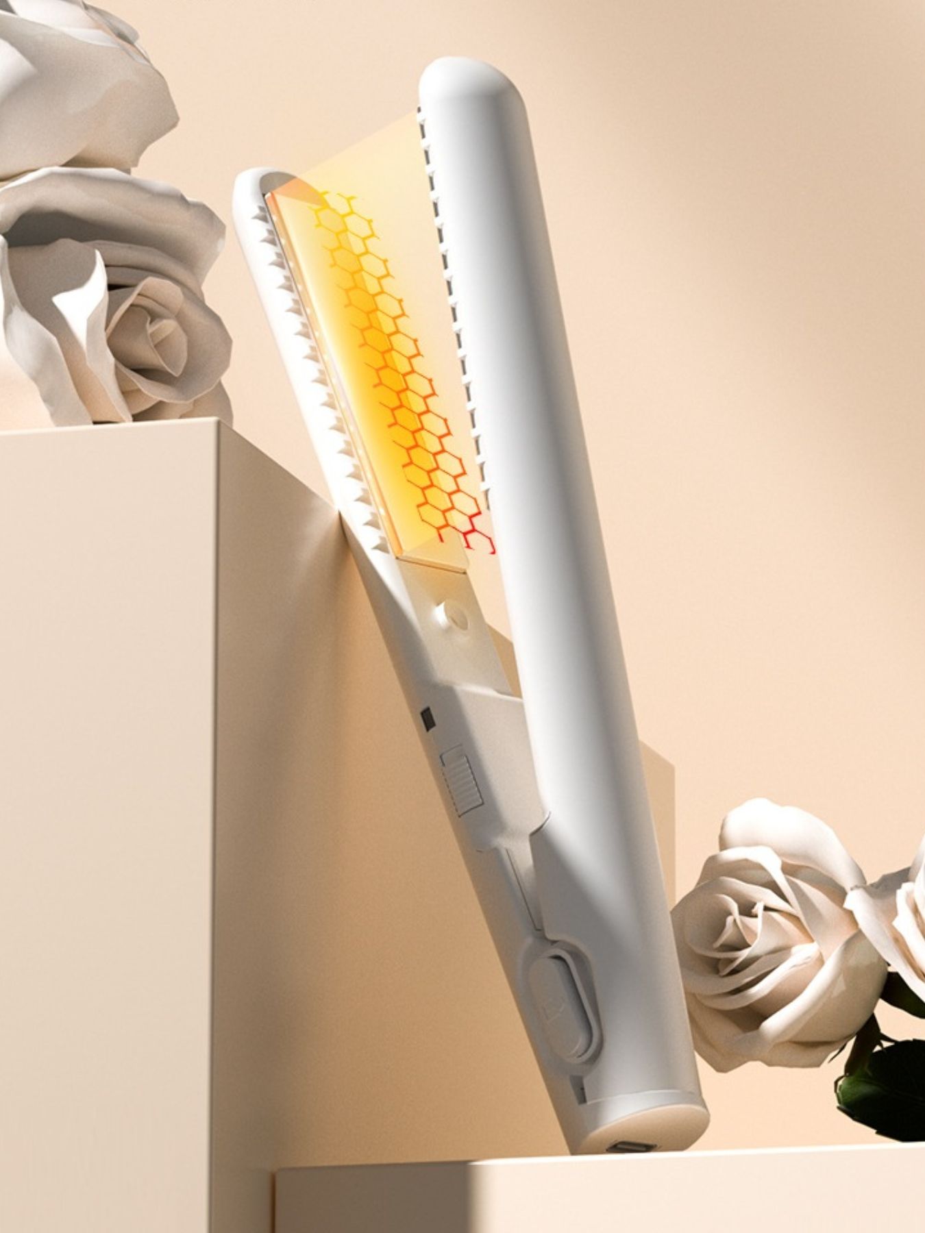 White portable cordless hair straightener by Trendsi with sleek design, compact for easy styling on the go.