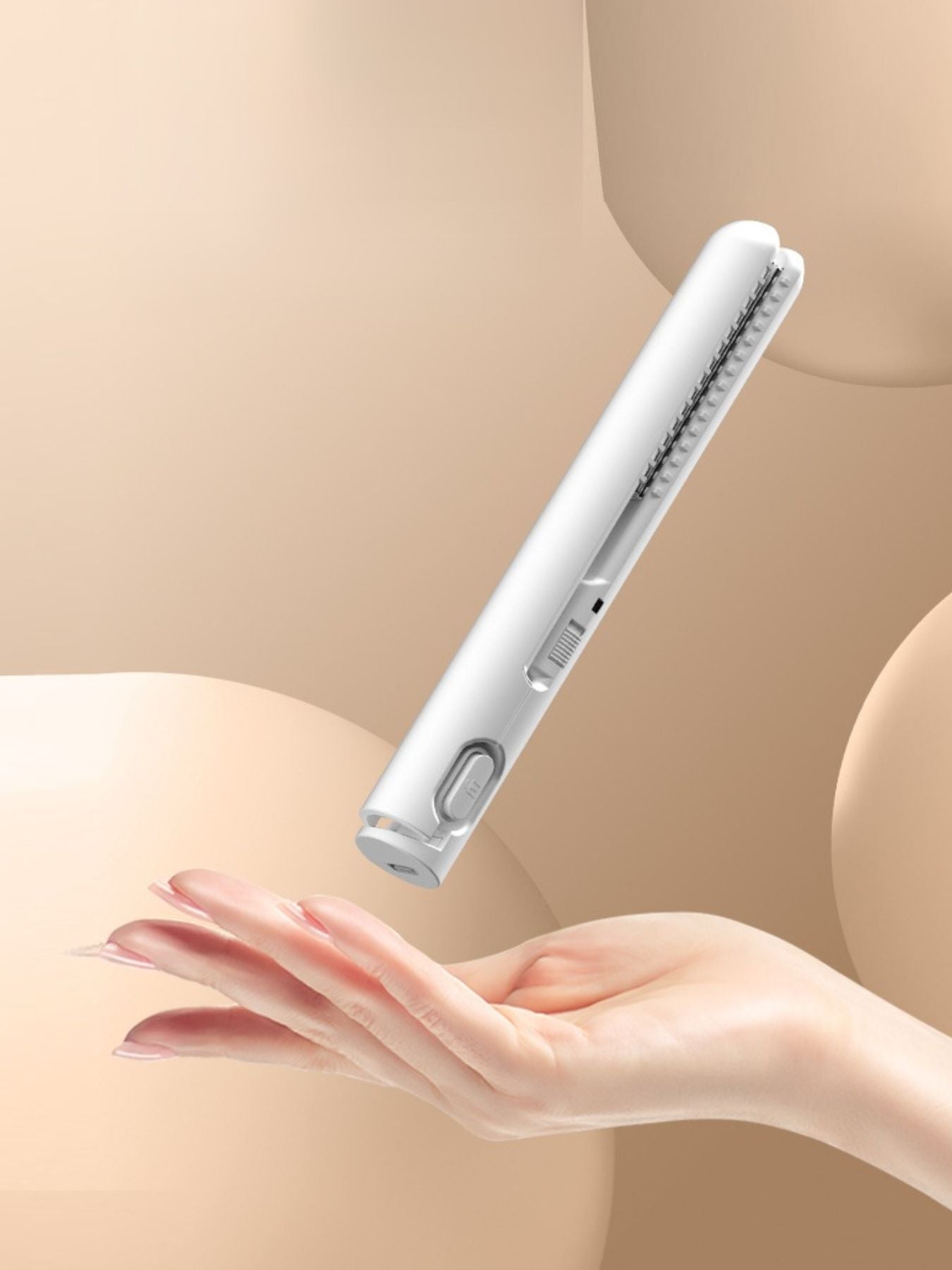 White portable cordless hair straightener by Trendsi with sleek design and compact size for on-the-go styling.