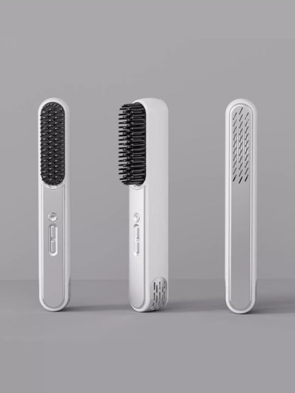 White portable heated straightening comb by Trendsi, compact and easy-to-use for straightening hair on the go.