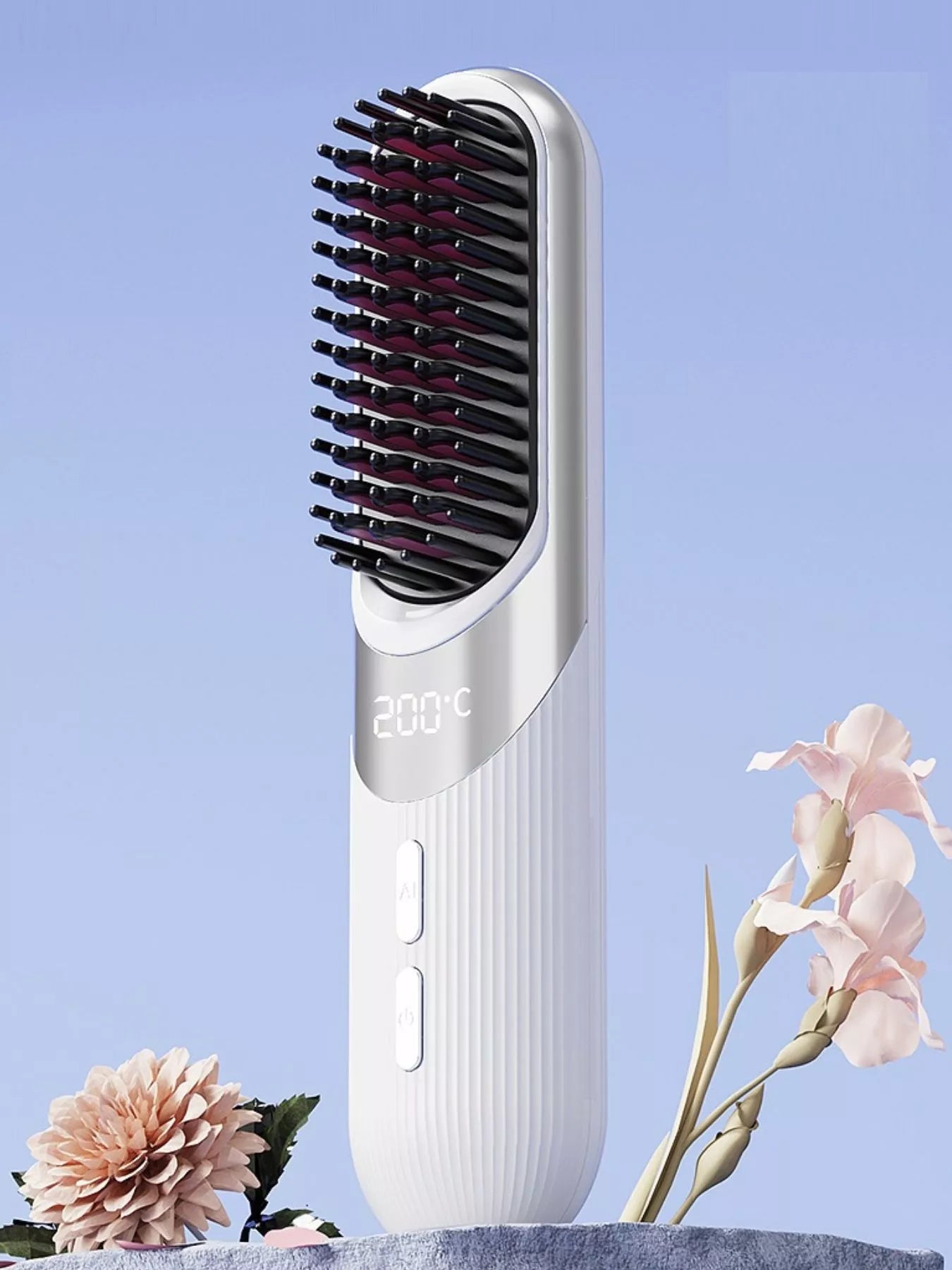 White portable heated straightening comb by Trendsi, compact design for easy hair styling and straightening.