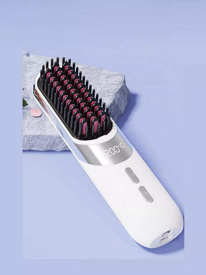 White portable heated straightening comb by Trendsi, compact design for easy hair styling and straightening.