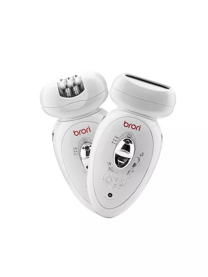 White rechargeable hair removal epilator from Trendsi, compact design with multiple attachment heads for effective hair removal.