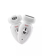 White rechargeable hair removal epilator from Trendsi, compact design with multiple attachment heads for effective hair removal.