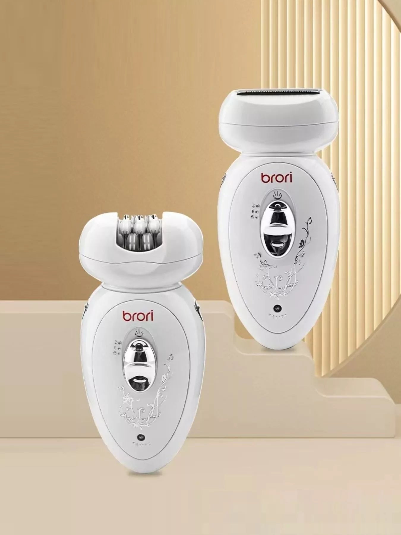 White rechargeable hair removal epilator by Trendsi with multiple attachment heads for effective at-home hair removal.