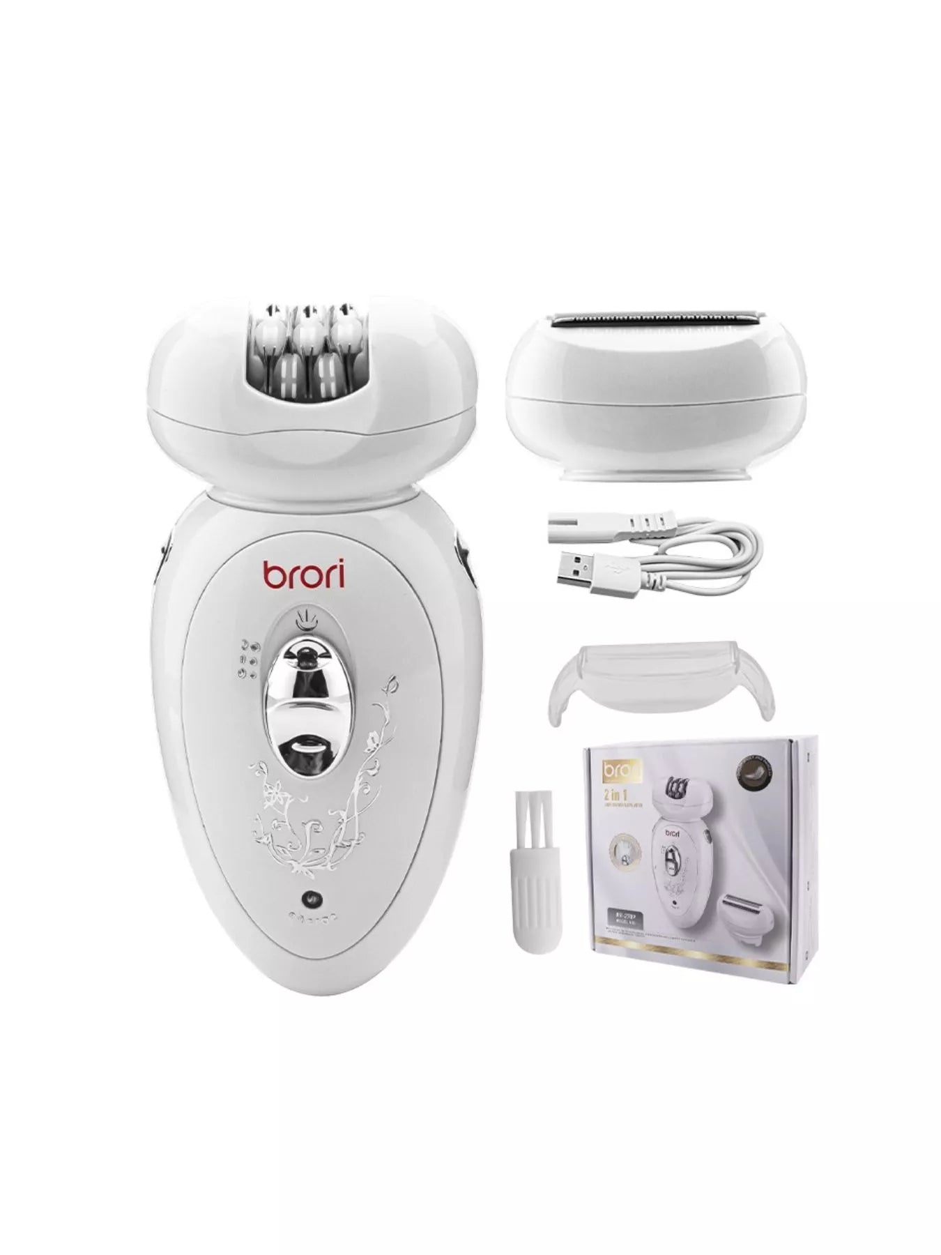 White rechargeable hair removal epilator by Trendsi, compact design with multiple attachments for efficient at-home hair removal.