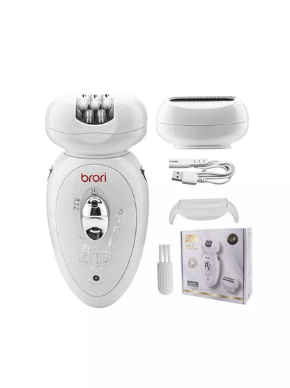 White rechargeable hair removal epilator by Trendsi, compact design with multiple attachments for efficient at-home hair removal.