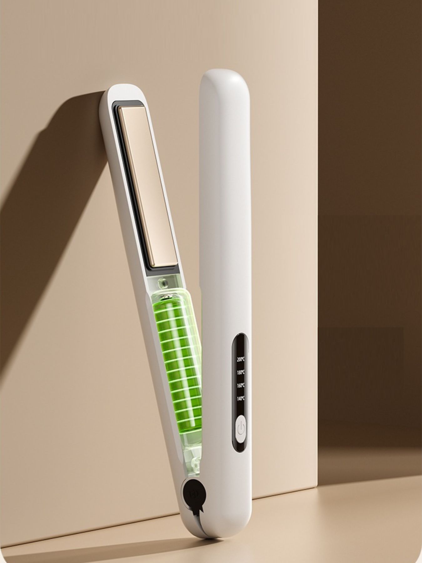 White adjustable temperature hair straightener by Trendsi with ceramic plates and ergonomic design.
