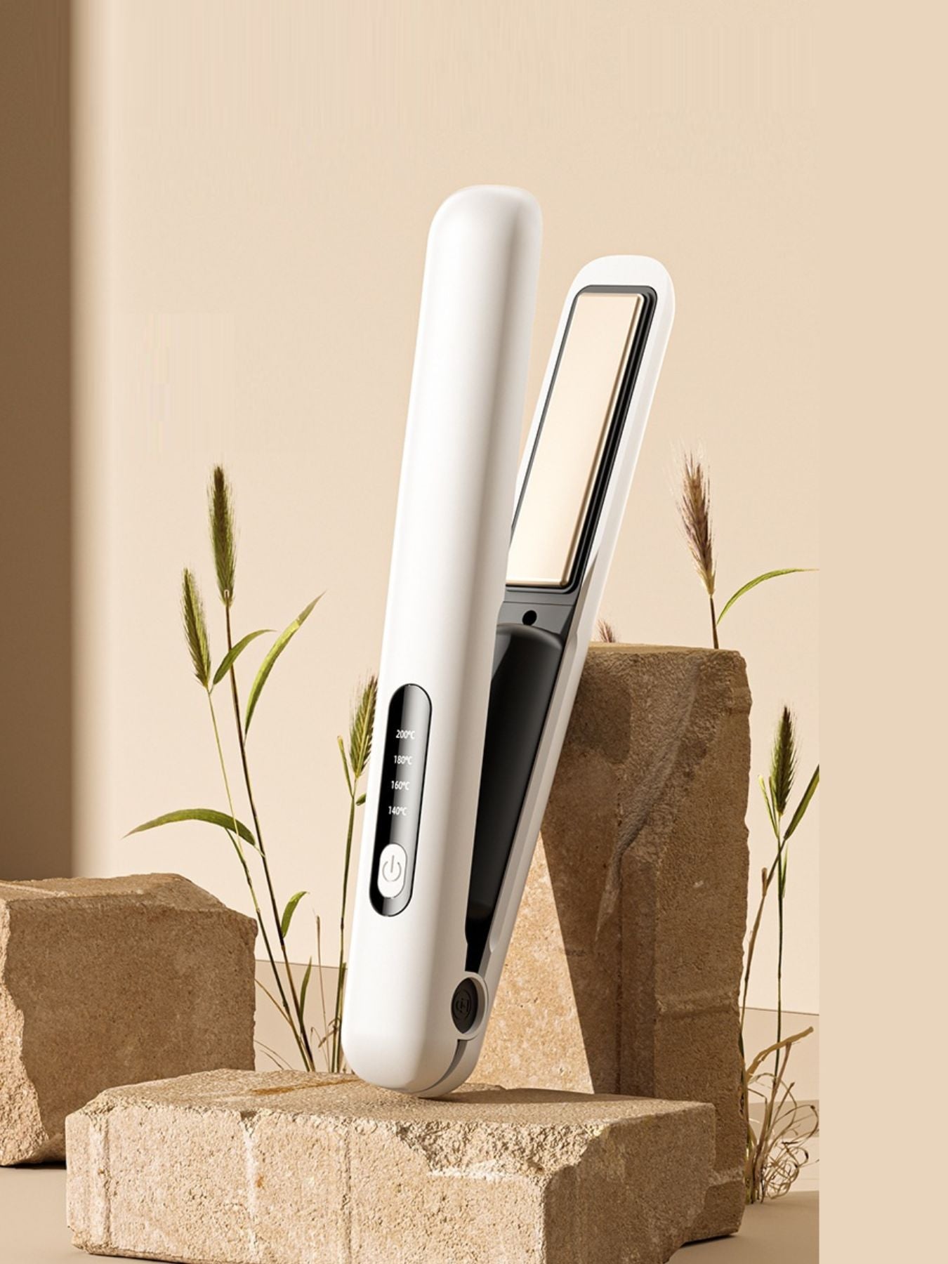 White adjustable temperature hair straightener by Trendsi with ergonomic design and digital temperature control.