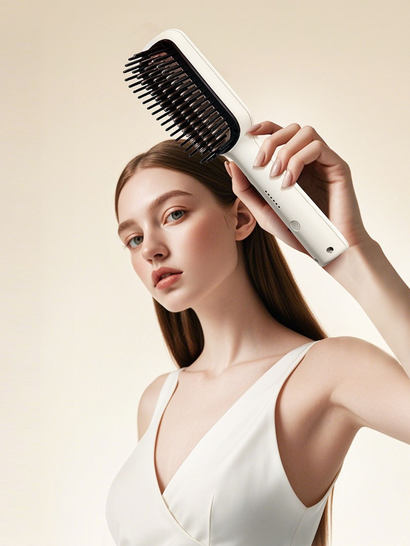 White anti-scald hair straightening comb by Trendsi with ergonomic handle and evenly spaced teeth for safe styling.