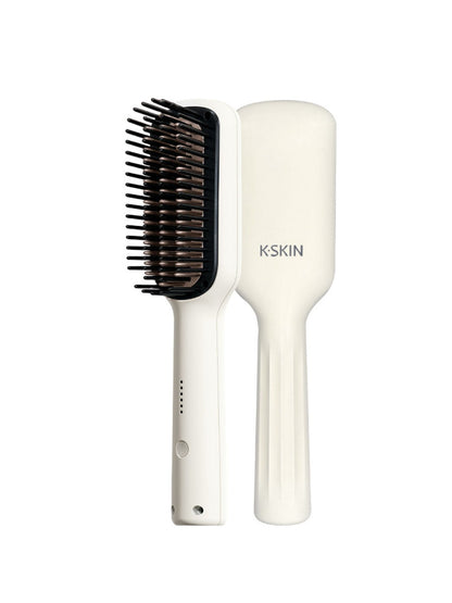 White Trendsi Anti-Scald Hair Straightening Comb with ergonomic handle and ceramic teeth for safe, sleek styling.