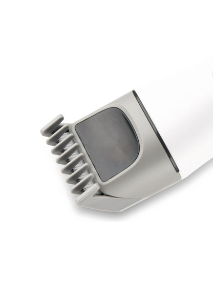 White cordless rechargeable hair clipper from Trendsi with ergonomic design and adjustable blades for easy hair cutting.