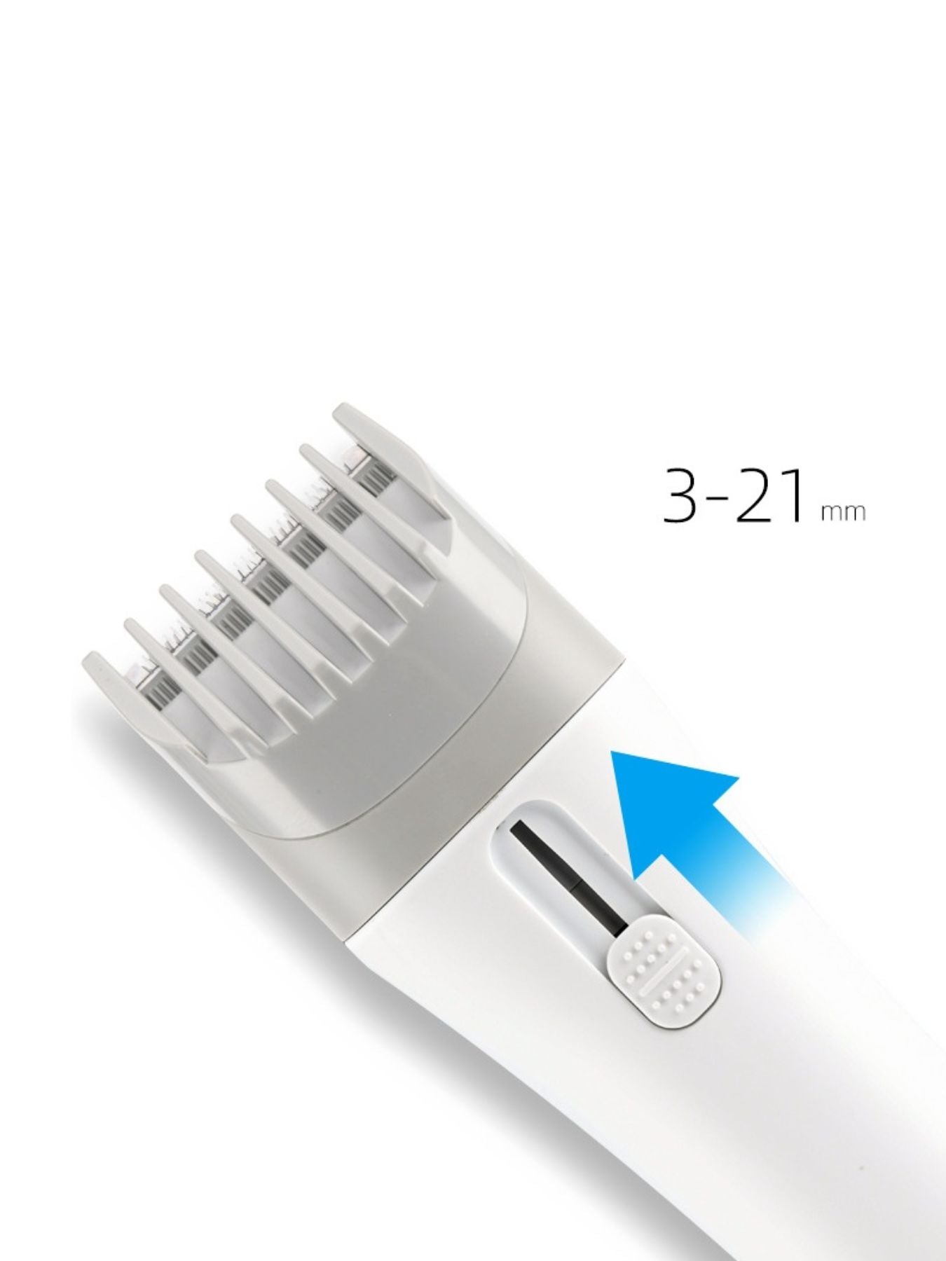 White cordless rechargeable hair clipper by Trendsi with ergonomic design and adjustable blades for professional grooming.