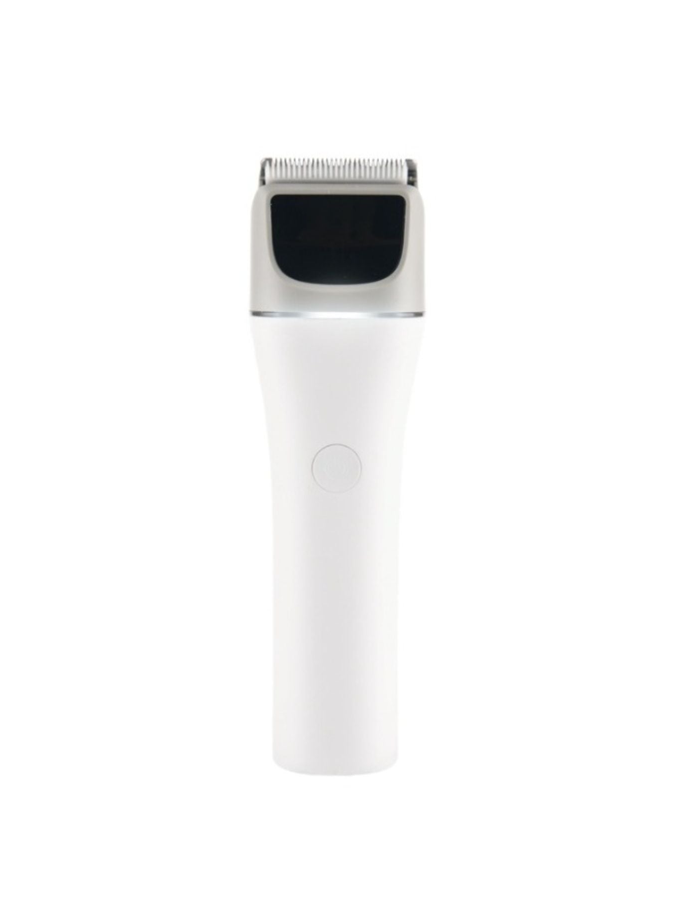 White cordless rechargeable hair clipper by Trendsi, shown with adjustable blades and ergonomic design for easy hair trimming.