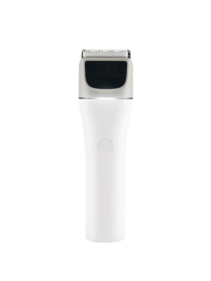 White cordless rechargeable hair clipper by Trendsi, shown with adjustable blades and ergonomic design for easy hair trimming.