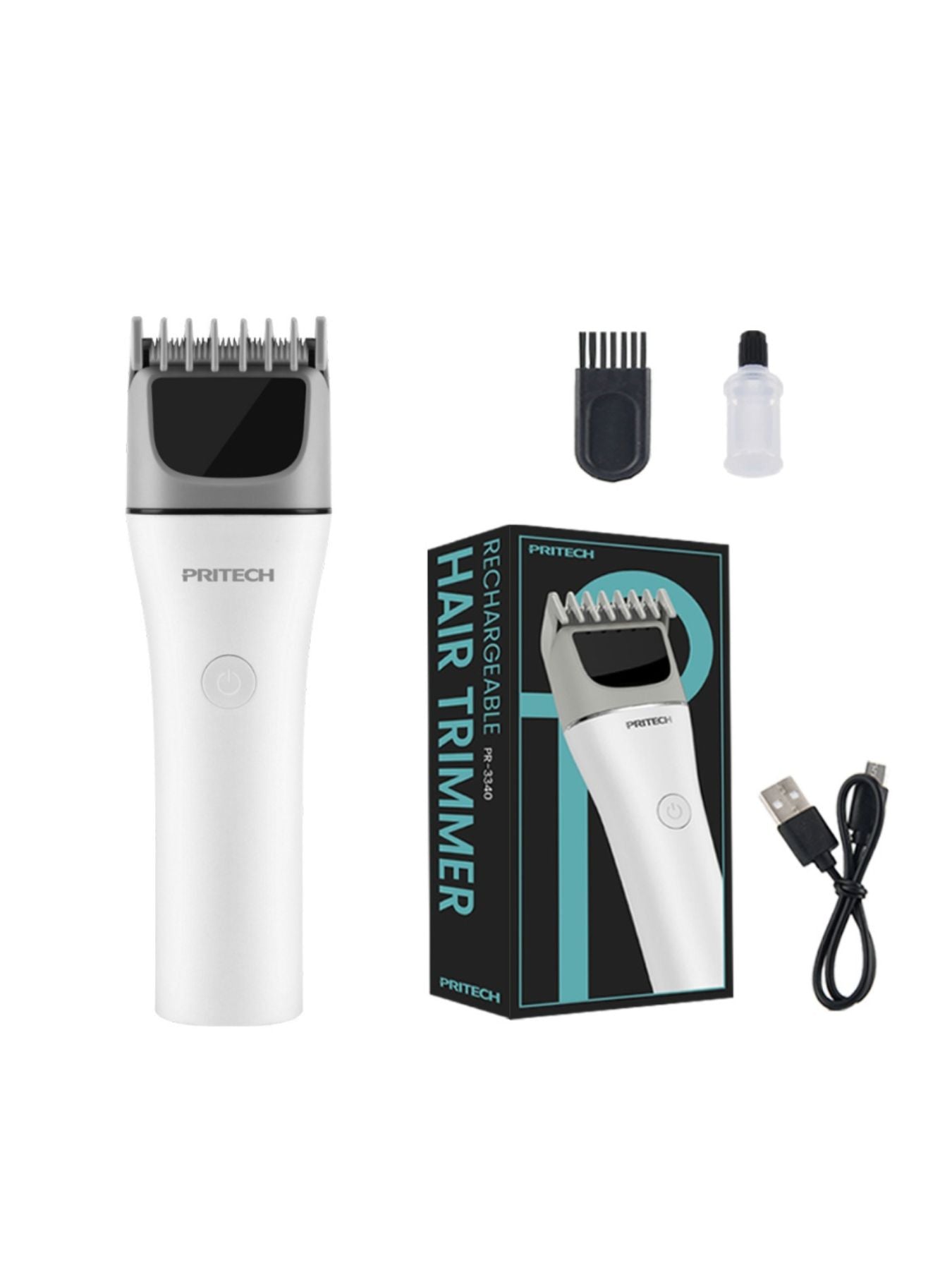 White cordless rechargeable hair clipper from Trendsi, showcasing a sleek design and adjustable blades for easy hair trimming.