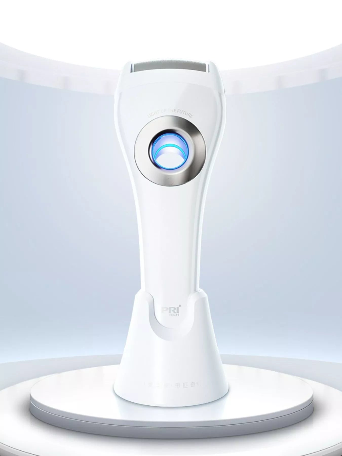 White electric foot nail buffer with LED light from Trendsi, showing a compact handheld device for smoothing and polishing toenails.