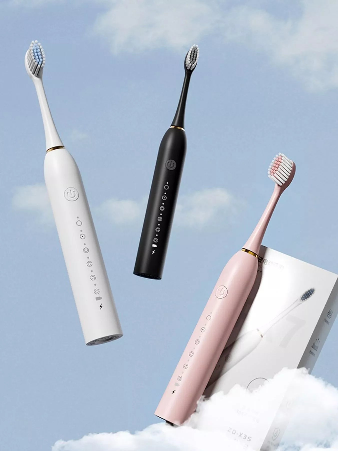 White electric toothbrush with multiple cleaning modes by Trendsi, featuring a sleek design and interchangeable brush heads.