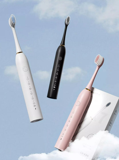 White electric toothbrush with multiple cleaning modes by Trendsi, featuring a sleek design and interchangeable brush heads.