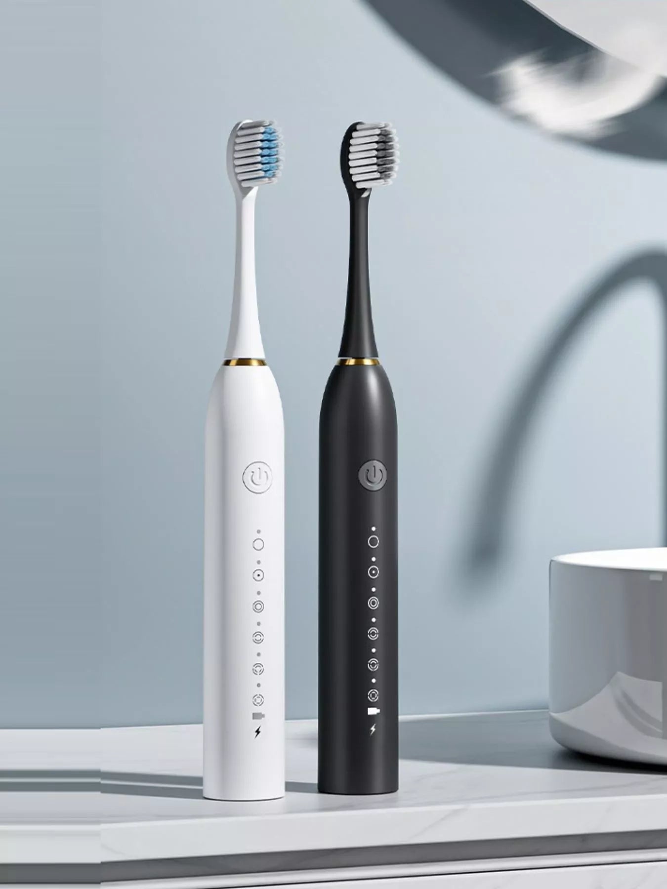 White electric toothbrush with multiple brushing modes, Trendsi brand, featuring a sleek design and interchangeable brush head.