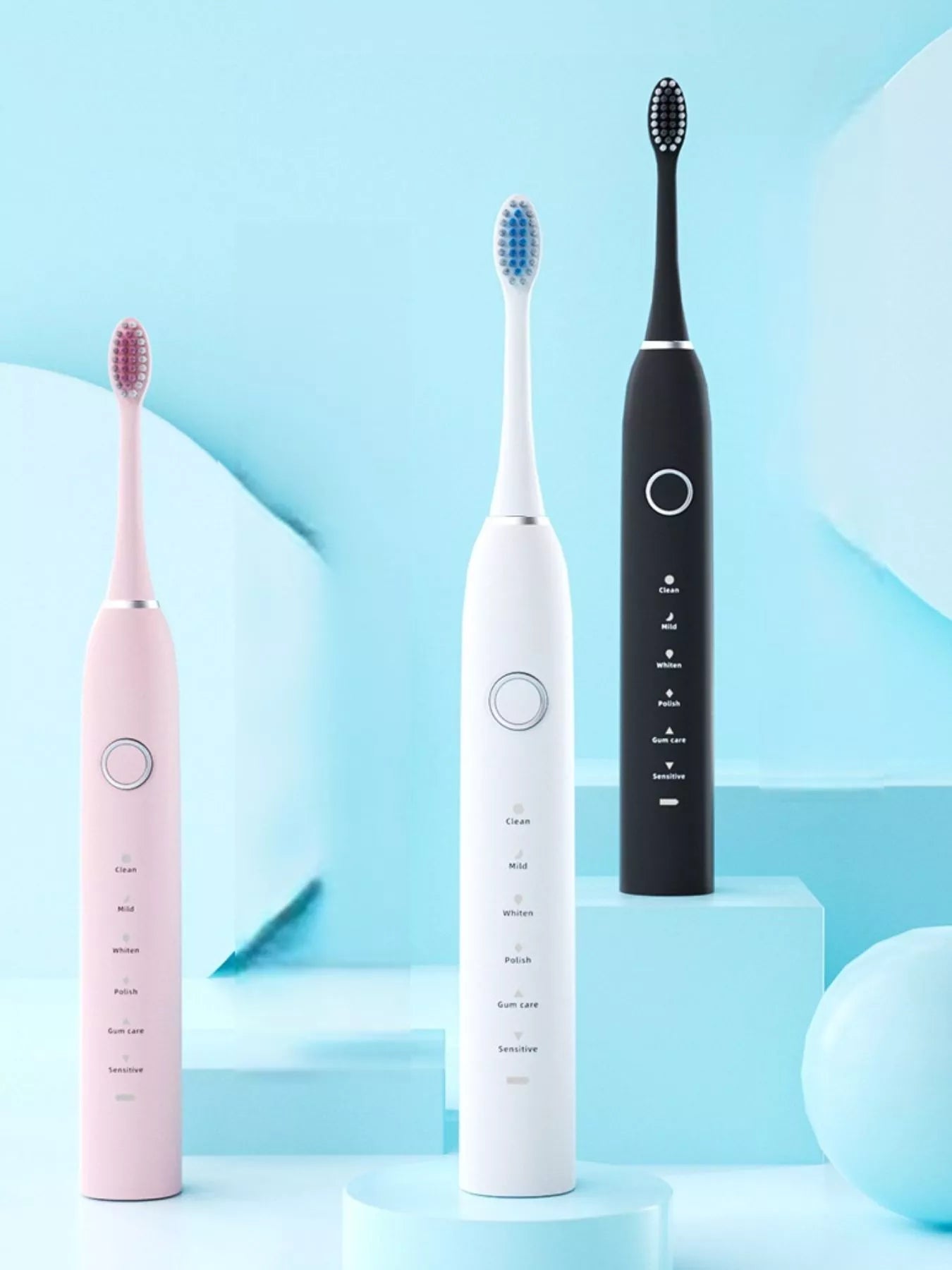 White electric toothbrush with multiple brushing modes, Trendsi brand, featuring sleek design and interchangeable brush head.