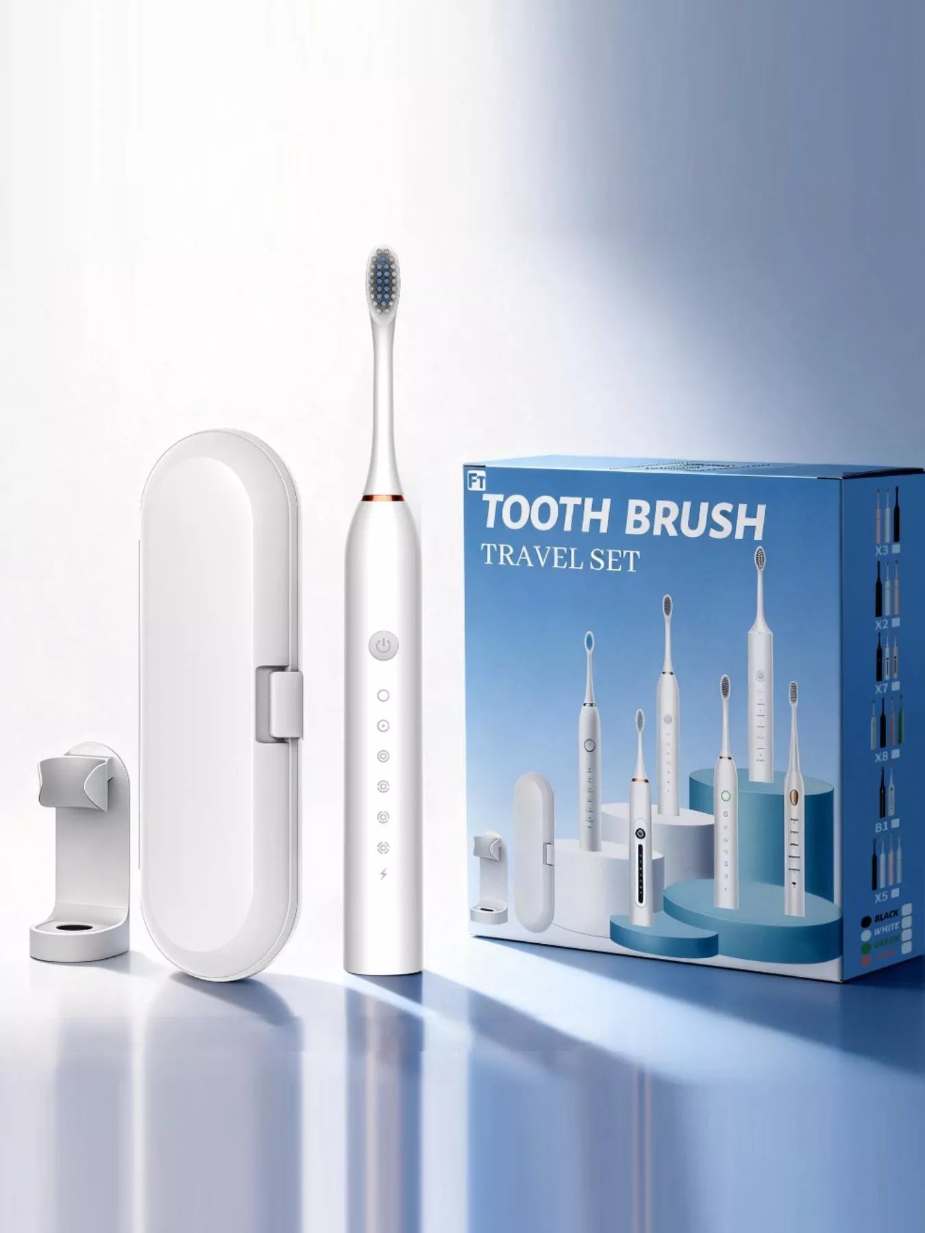 White electric toothbrush with multiple cleaning modes from Trendsi, featuring a sleek design and ergonomic handle.