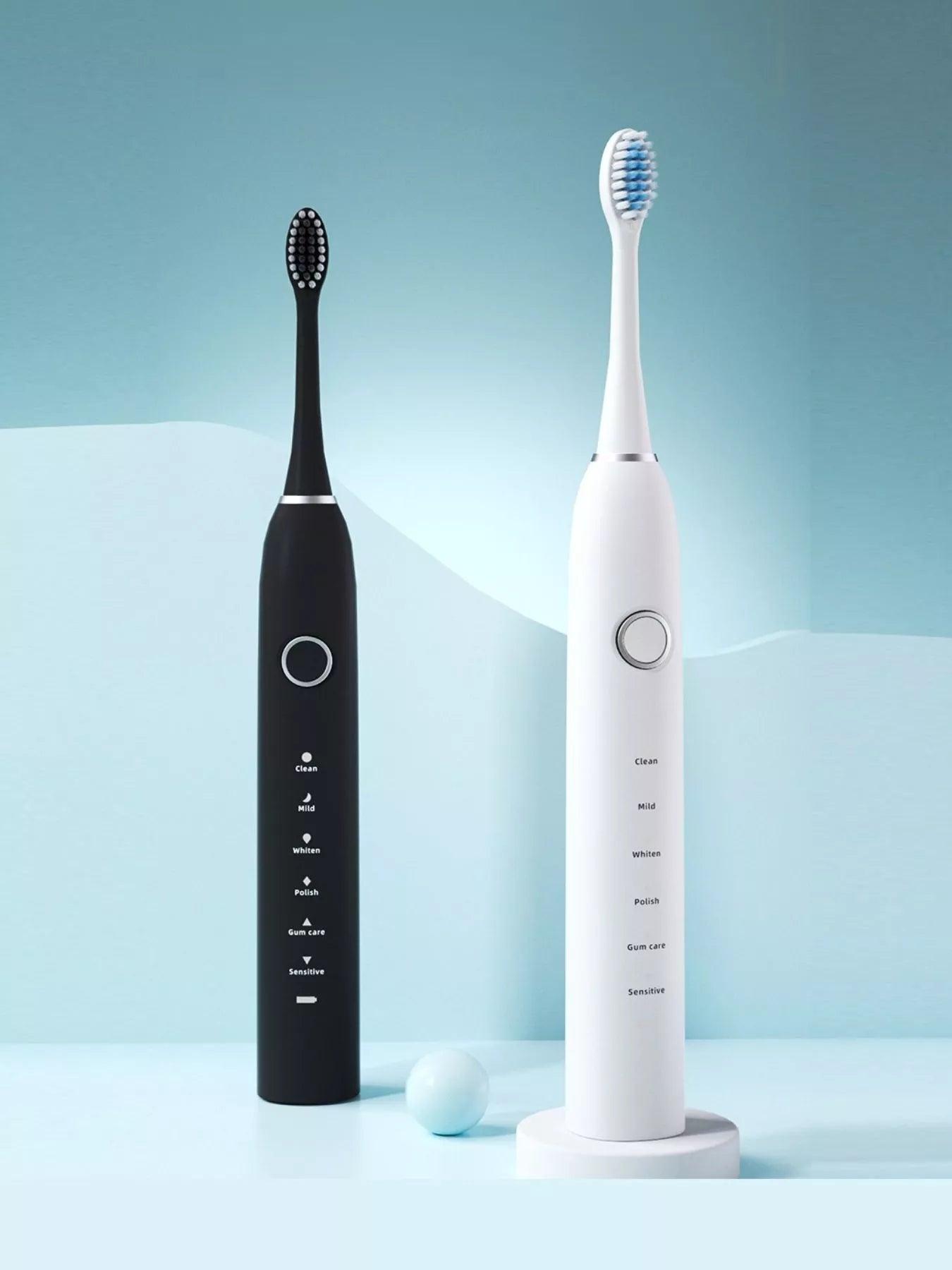 White electric toothbrush with multiple cleaning modes, Trendsi brand, featuring ergonomic design and various brushing options.