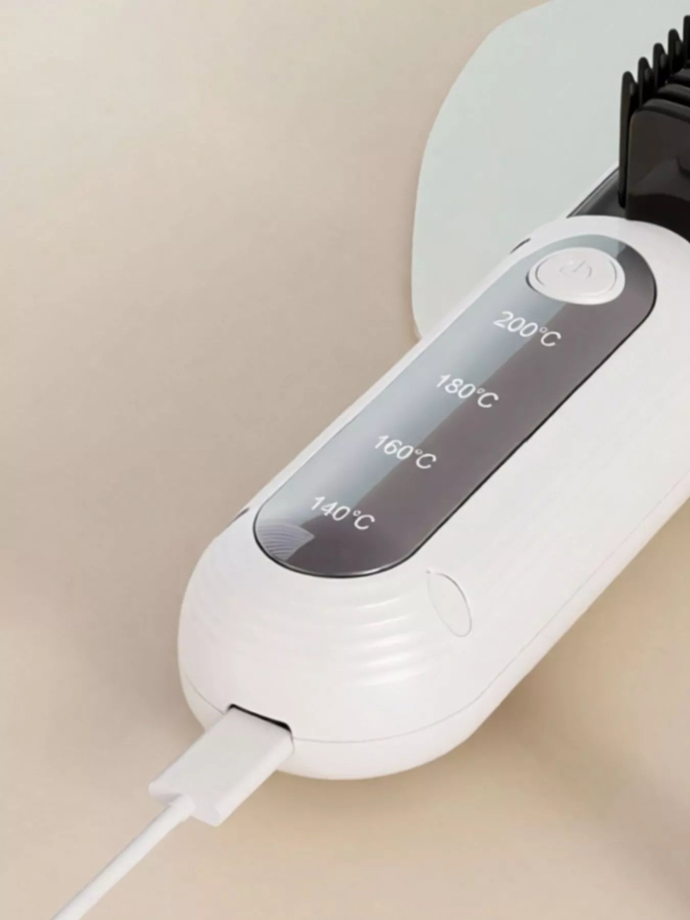 White heated hair straightening comb by Trendsi, with ceramic plates and ergonomic handle, designed for smooth, straight hair styling.