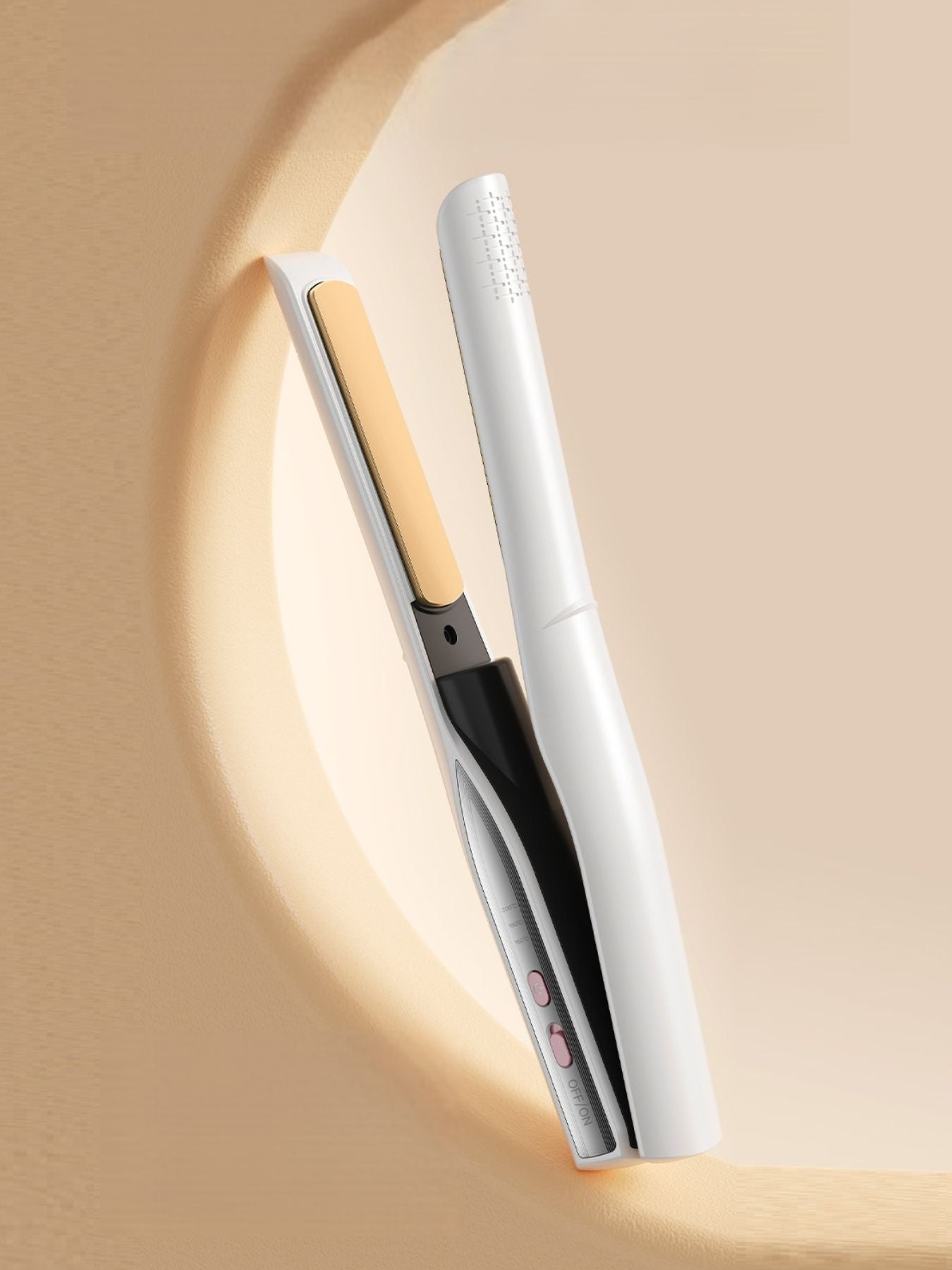 White portable ceramic hair straightener by Trendsi, compact and sleek for easy styling on the go.