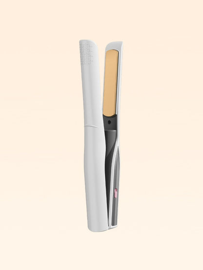 White portable ceramic hair straightener by Trendsi with sleek design and compact size for easy styling on the go.