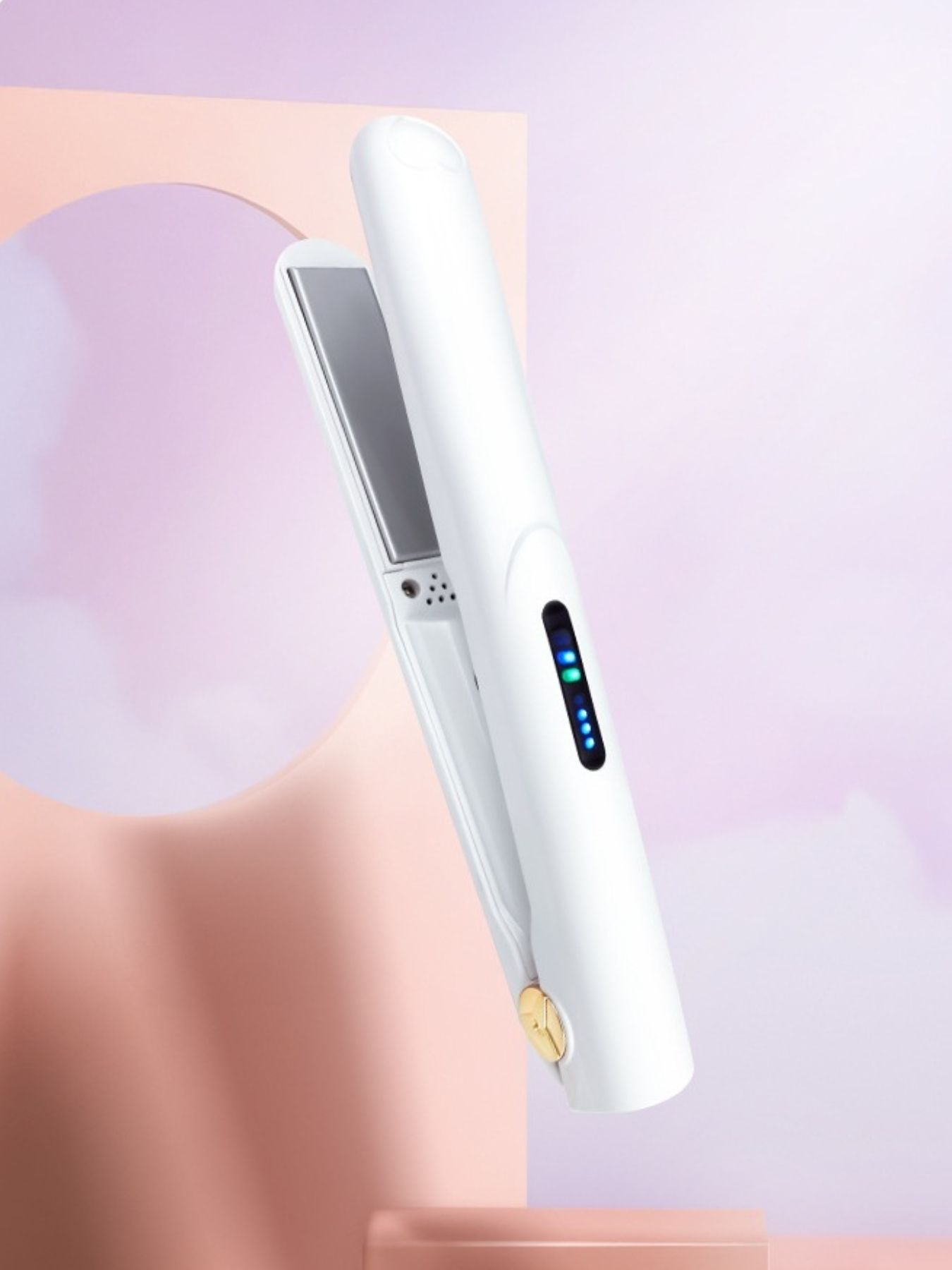 White portable cordless rechargeable curling iron by Trendsi, showing its compact design and ergonomic handle for easy styling.