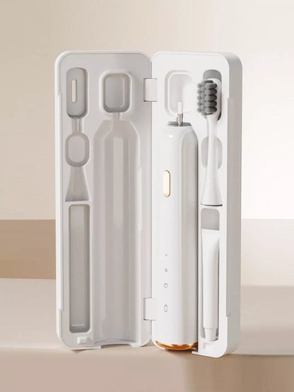White portable electric toothbrush by Trendsi with compact design and travel case, suitable for on-the-go oral cleaning.
