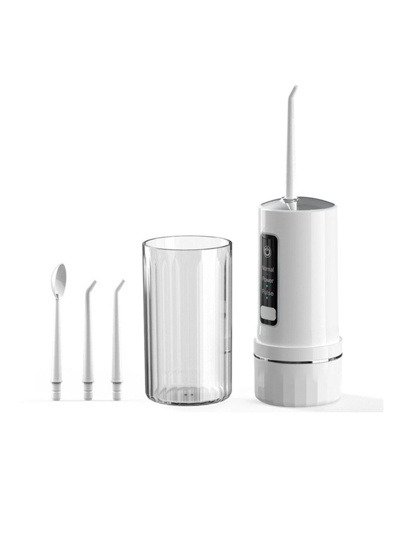 White portable rechargeable power dental flosser from Trendsi, compact design with water reservoir and ergonomic handle for oral hygiene.