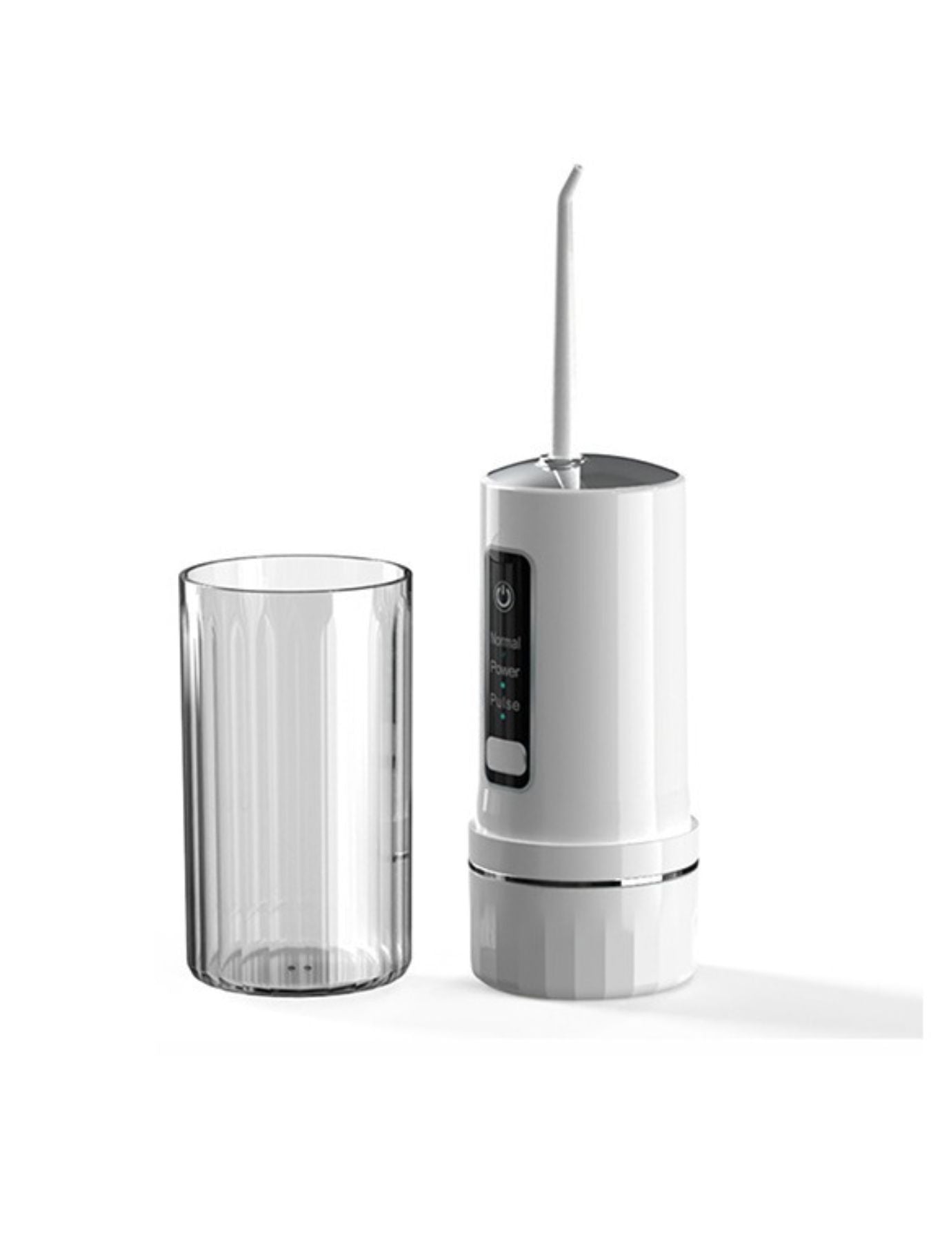 White portable rechargeable power dental flosser by Trendsi, compact design with water reservoir for effective oral hygiene.