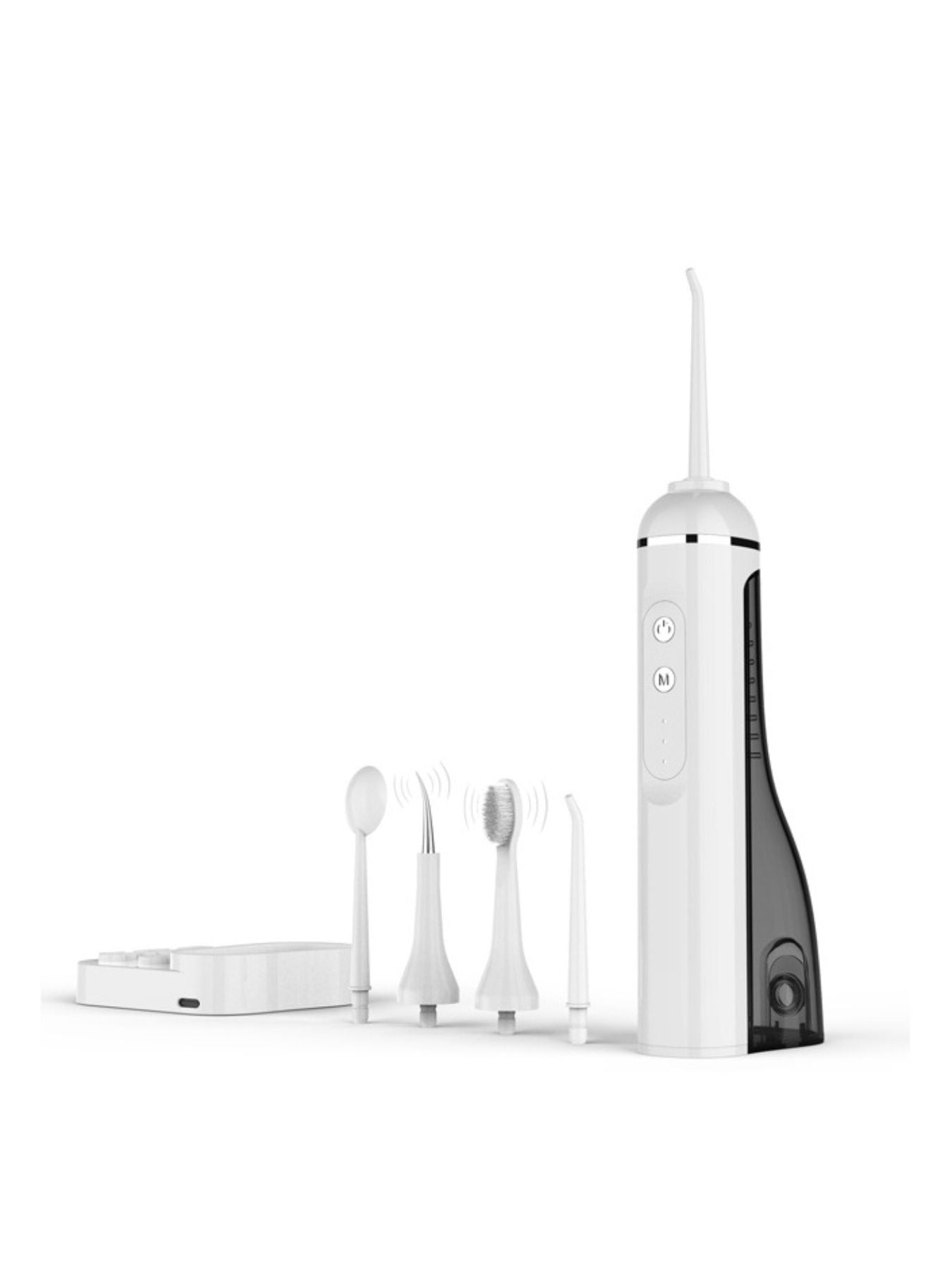 White portable water flosser with multiple nozzles, compact dental oral irrigator for effective gum and teeth cleaning.