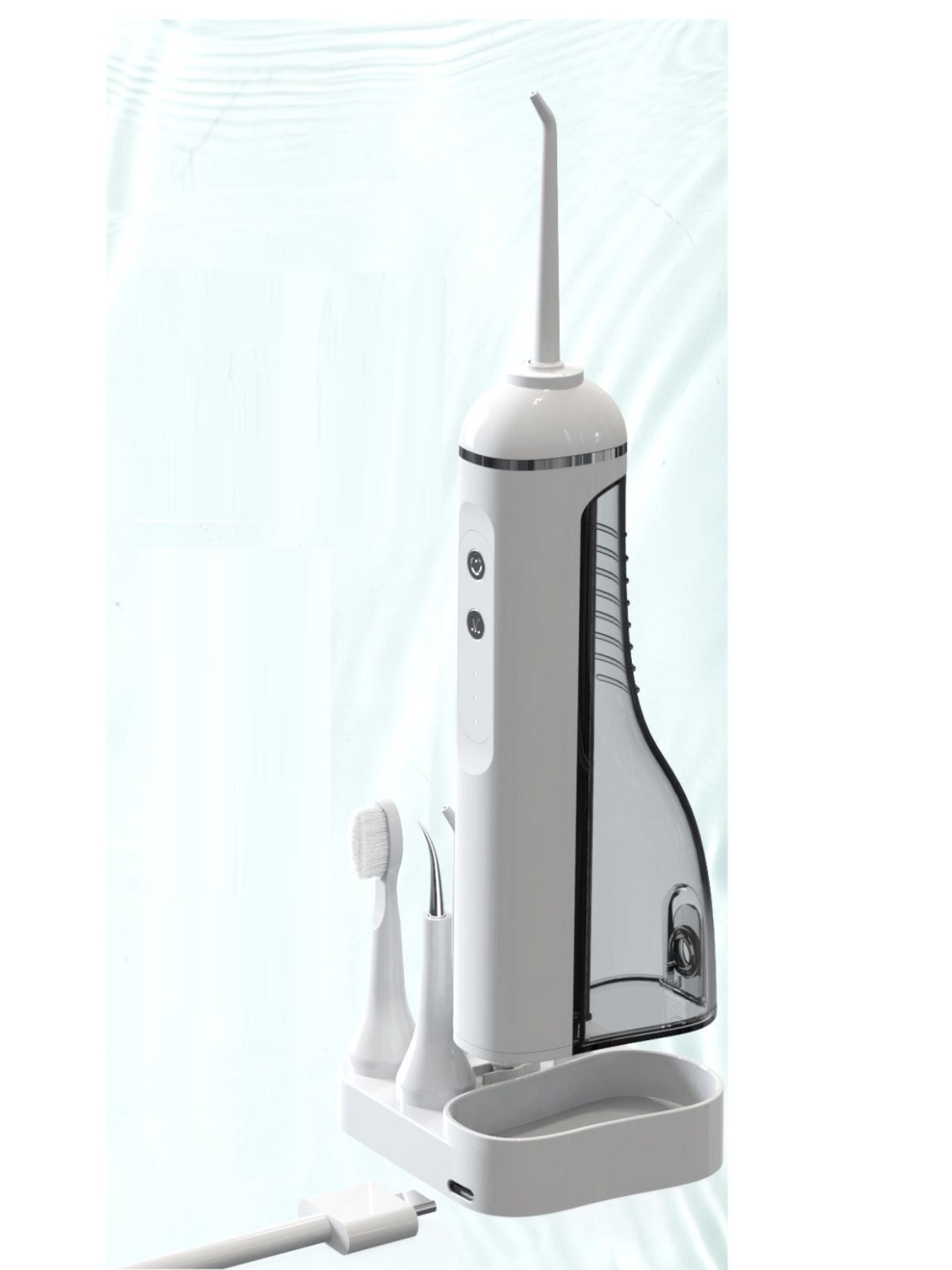 White portable water flosser with multiple nozzles, compact design, and ergonomic handle for oral hygiene.