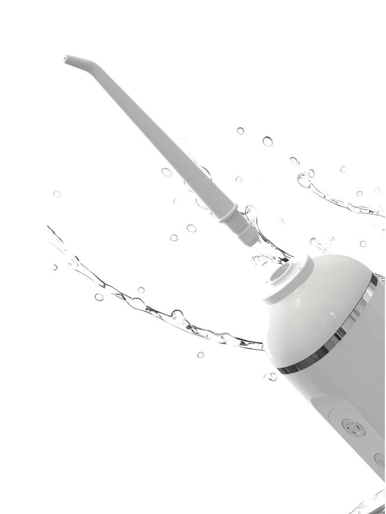 White portable water flosser with multiple nozzles, compact design, and ergonomic handle for effective oral hygiene.