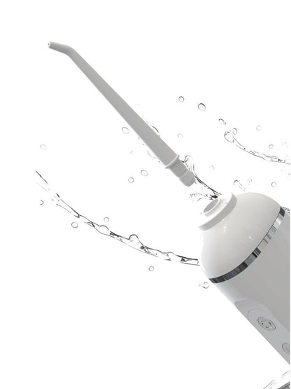 White portable water flosser with multiple nozzles, compact design, and ergonomic handle for effective oral hygiene.