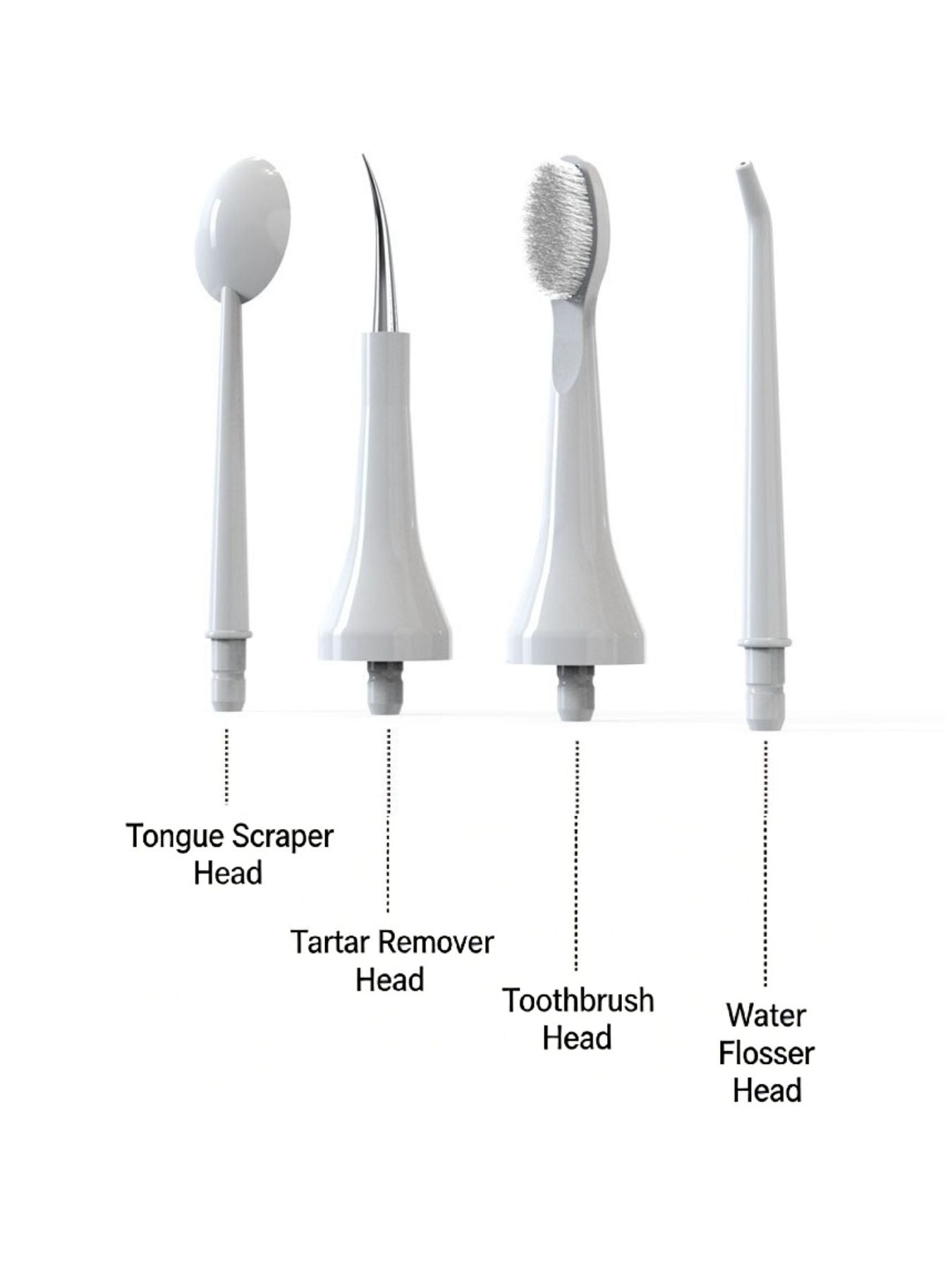 White portable water flosser with multiple nozzles, compact design, perfect for oral hygiene on the go