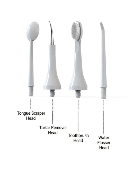 White portable water flosser with multiple nozzles, compact design, perfect for oral hygiene on the go
