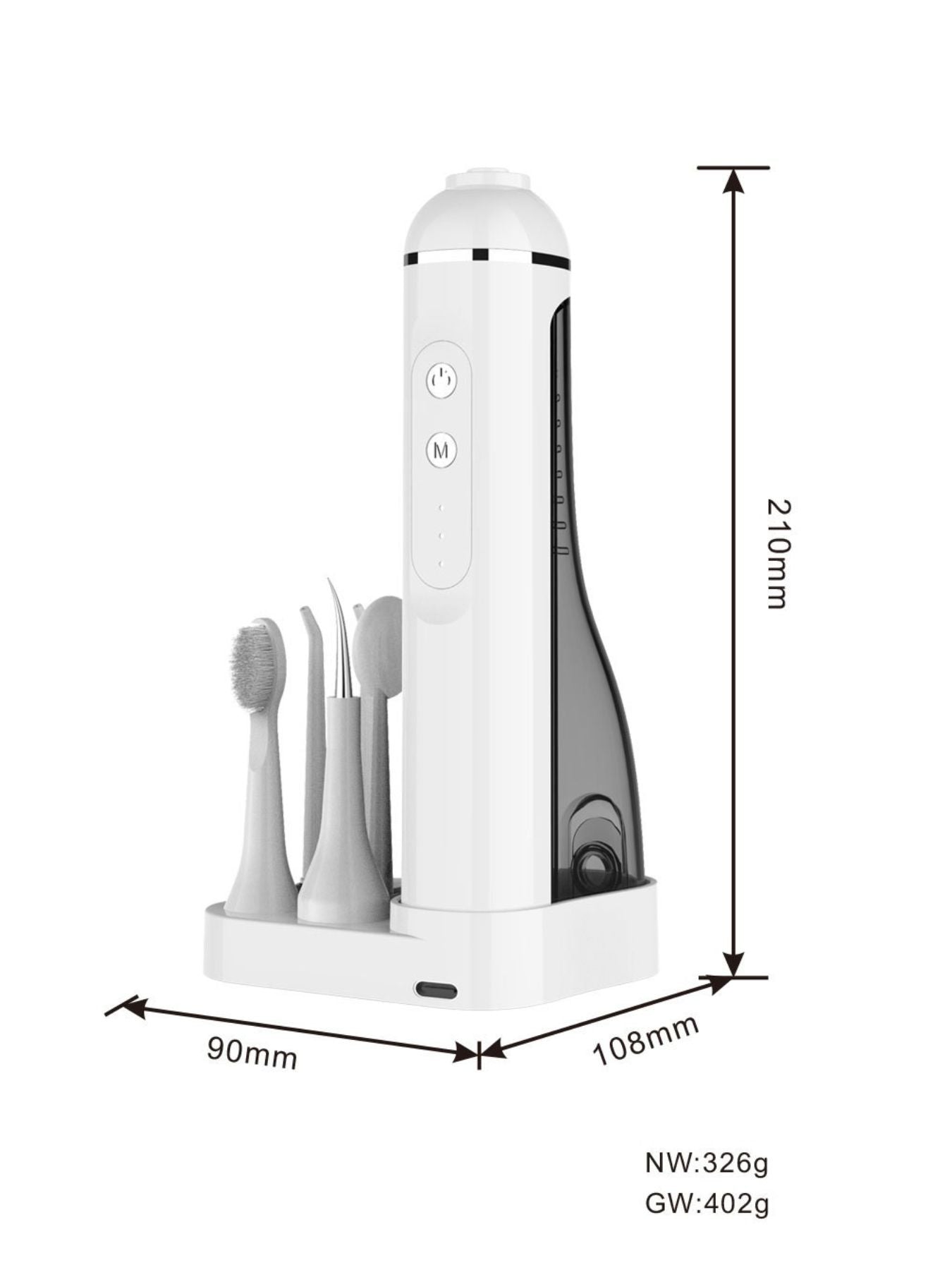 White portable water flosser with multiple nozzles, compact design, and ergonomic handle for oral hygiene by Trendsi.