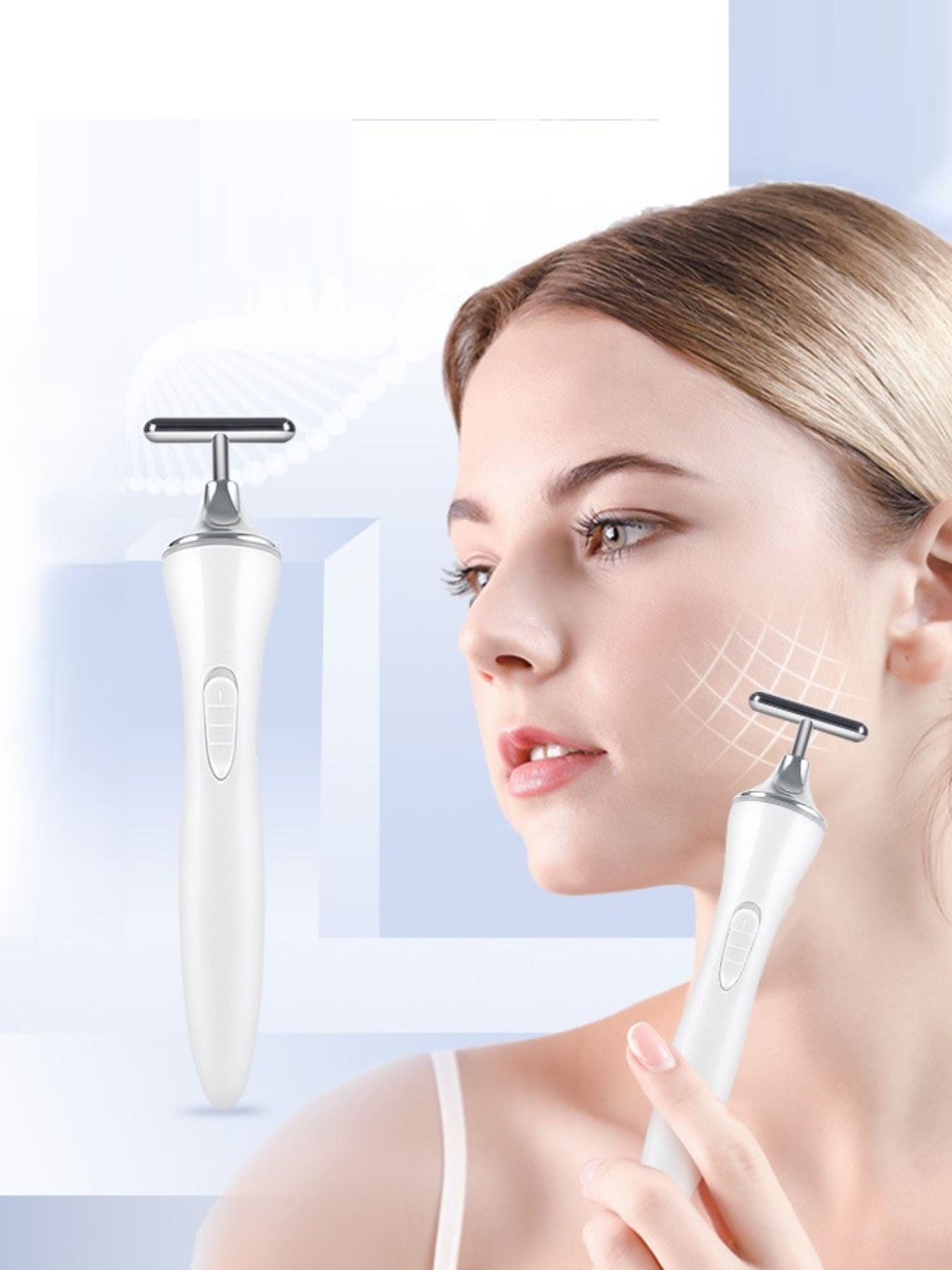 White T-shape Trendsi microcurrent facial massager beauty device for facial toning and skin rejuvenation.
