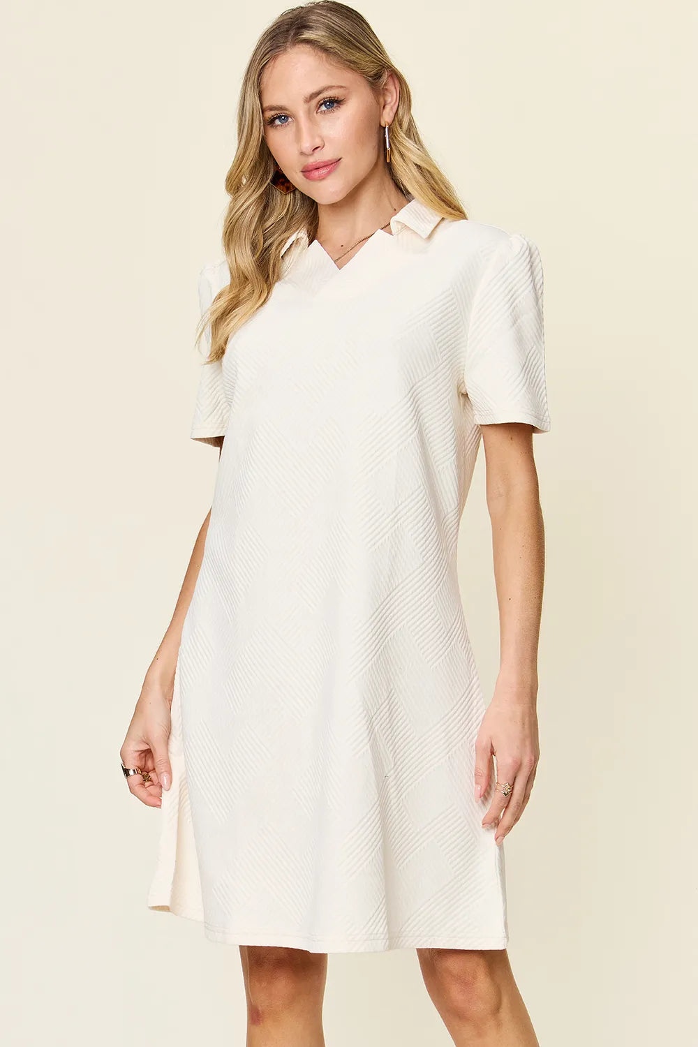 White Trendsi Double Take full-size texture short sleeve dress with a collared neck and stylish design, perfect for casual or semi-formal wear.