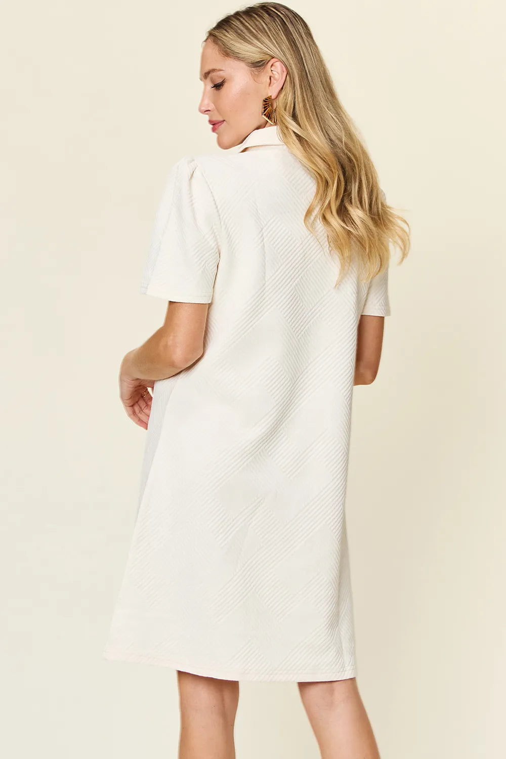 White Trendsi Double Take short sleeve dress with textured fabric and a collared neck, full size, stylish and comfortable for warm weather.