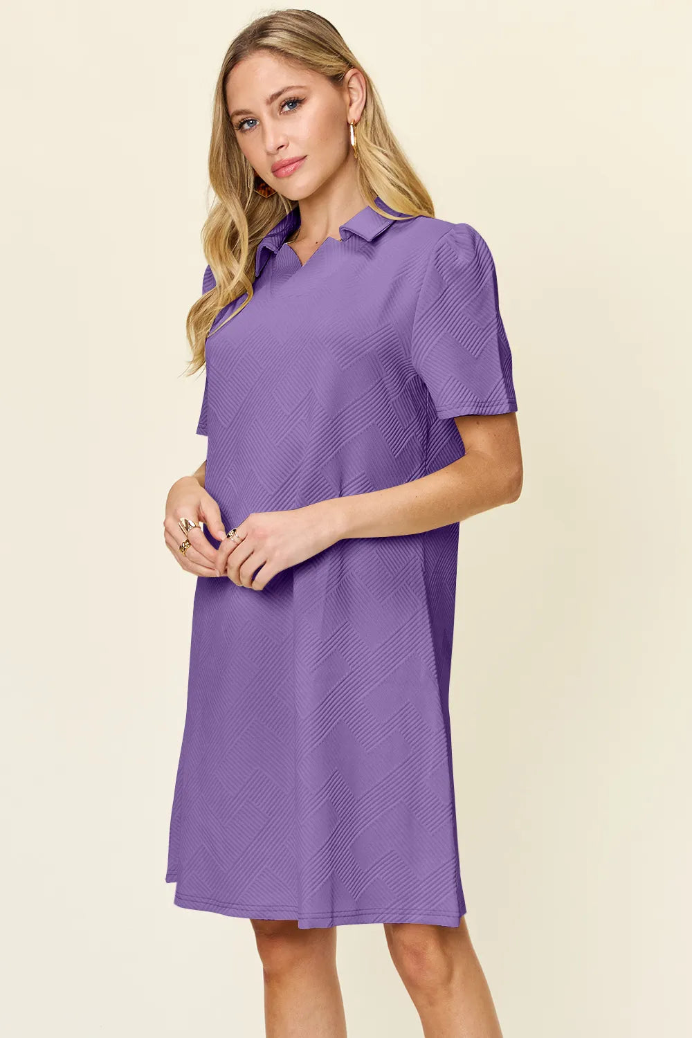 White Double Take full-size textured collared neck short sleeve dress by Trendsi, shown from the front, with a tailored fit.